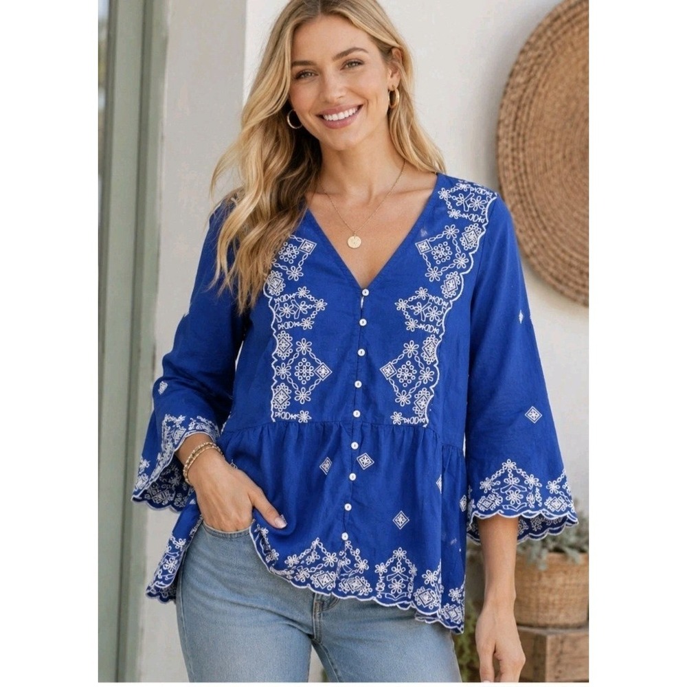Soft Surroundings Embroidery Boho Chic Cottagecore Coastal Peasant Floral Top 3X